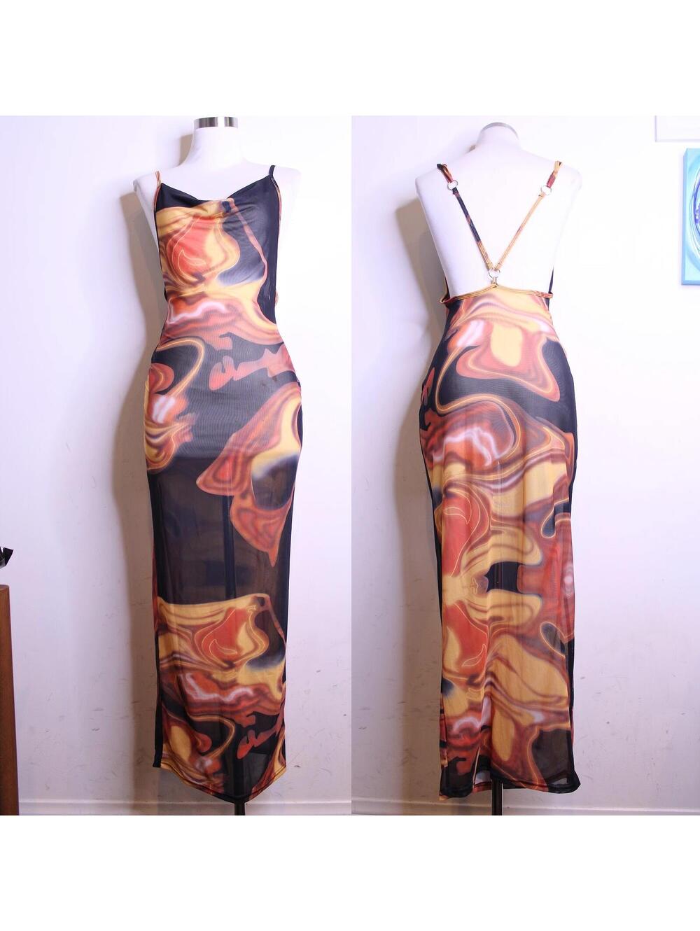 Black Red Orange Abstract Mesh Bodycon Maxi Dress - M